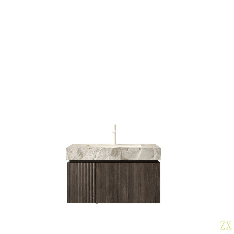 Meuble-lavabo de salle de bain de 30 po MURI, armoire de rangement en contreplaqué flottant avec tiroir et porte, plateau en pierre frittée et lavabo en céramique avec 1 trou de robinet pré-percé, pré-assemblé