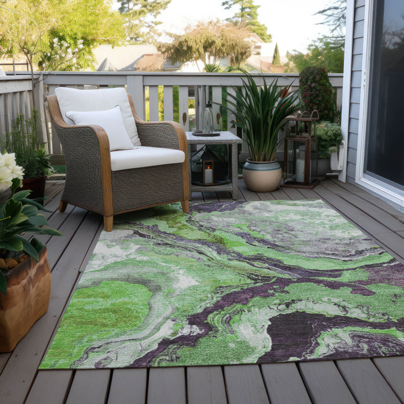 Machine Washable Indoor/Outdoor Xhevrie Green Rug, Rectangle 2'6" x 3'10"