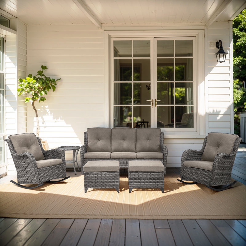 Ensemble de conversation d'extérieur avec canapé et repose-pieds 6 pièces Bonia, Gris, Gris