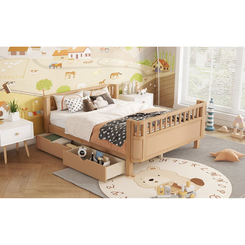 Lit plateforme double en bois pleine grandeur avec tiroirs de rangement, conception moderne de profil bas de sécurité pour chambre d'enfant ou lit de jour, finition naturelle