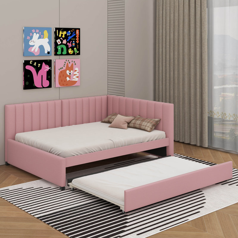 Full Size Upholstered Daybed With Trundle, Pink