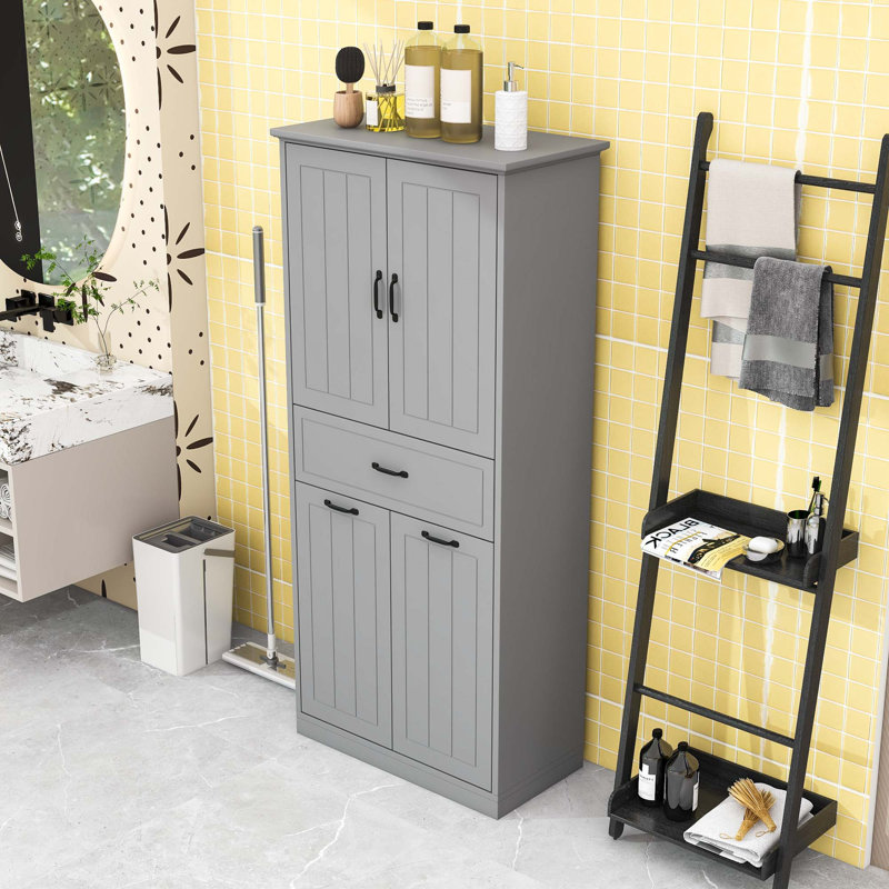 Armoire de rangement autoportante en bois avec tablette réglable, tiroir et deux paniers à linge, Grey