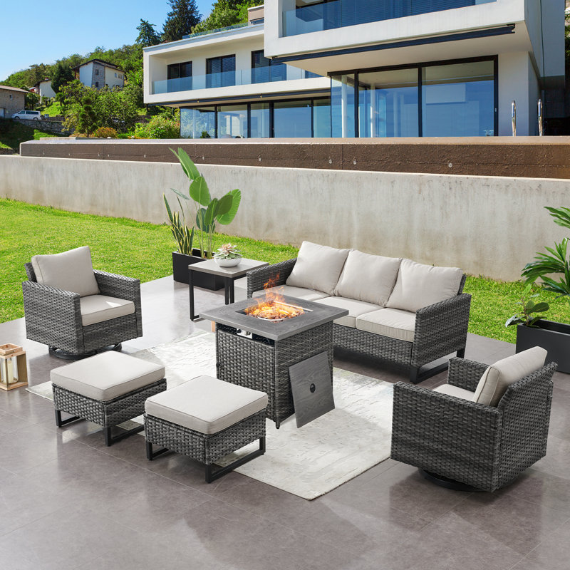 5 - Person Outdoor Seating Group with Fire Pit with Cushions, Beige
