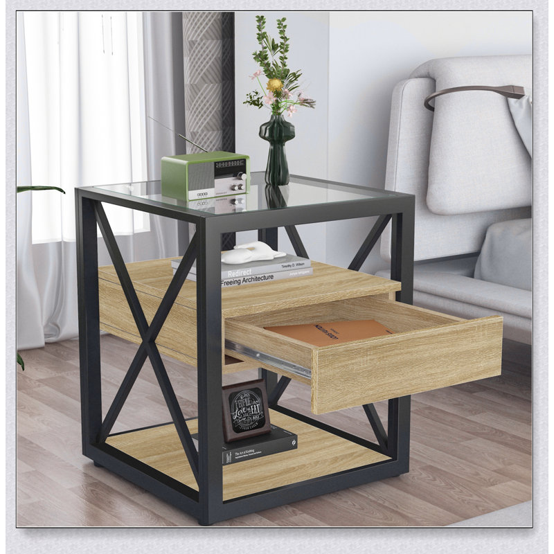 Table de bout moderne avec tiroir - Table de chevet pour chambre à coucher et salon, panneau de fibres à densité moyenne en bois naturel et plateau en verre trempé, table d'appoint de style industriel