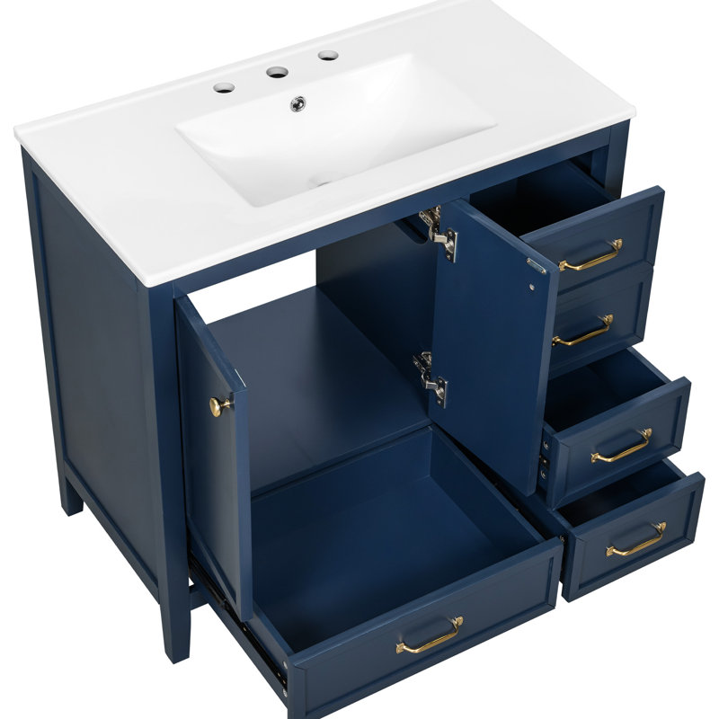 Meuble-lavabo bleu de 36 po avec lavabo en céramique lisse, structure en bois de pin massif, armoire de rangement, quatre tiroirs, pour l'entretien, un ensemble de 36 po avec cadre et pieds en tache, système de tiroir, facile