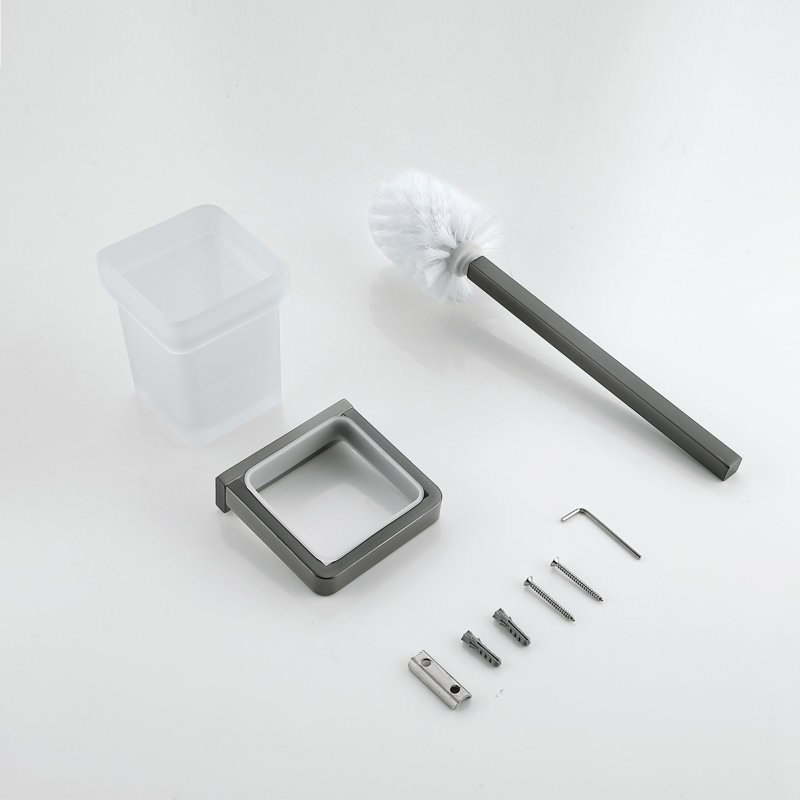 Brosse de toilette murale et support avec poignée en acier inoxydable et base en verre, Gris graphite