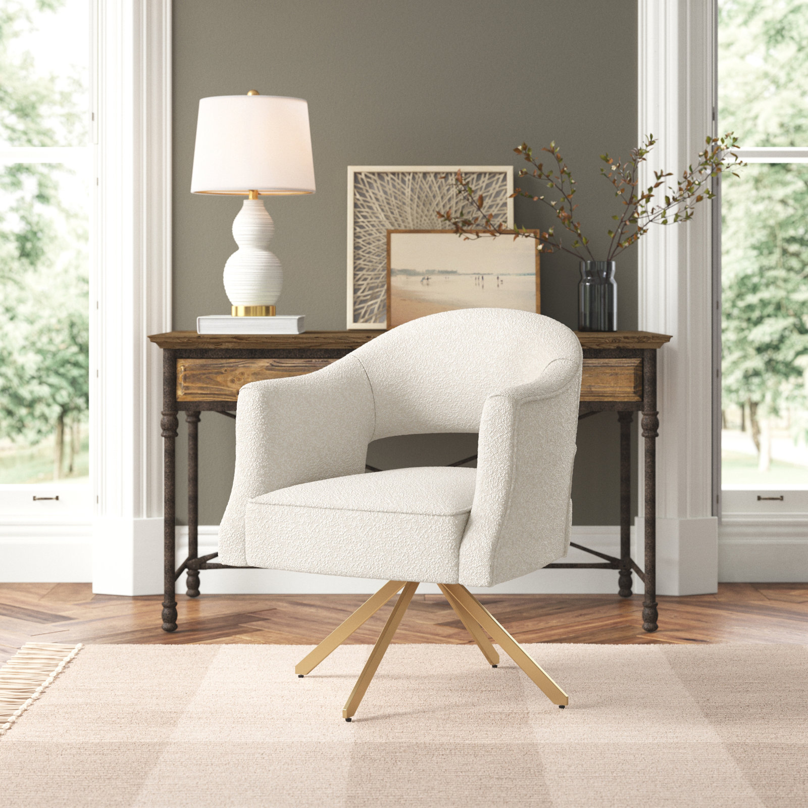 Glasgow Swivel Office Chair, Gold, Cream Polyester Blend