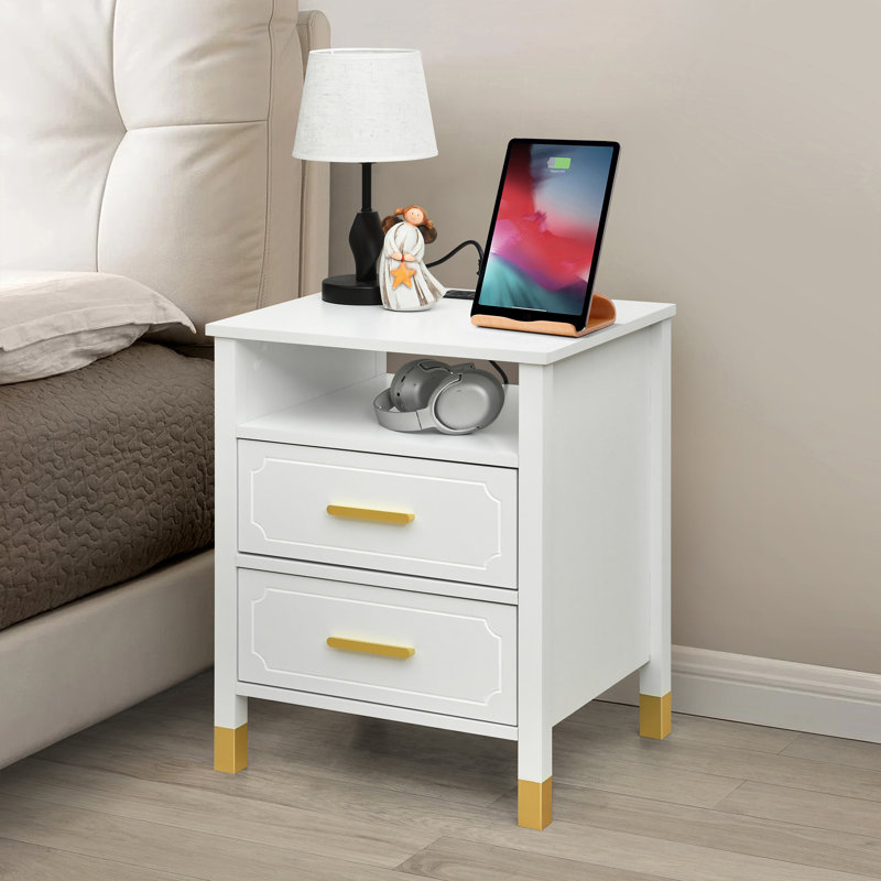 Melton Set Of 2 Nightstand With Charging Station, Bedside Table With Storage Drawers, Night Stand For Bedroom, End Table Or Side Table For Living Room, 15.5" D X 18.9" W X 24" H, White/Gold