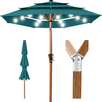  Woodgrain Pattern 10Ft 3-Tier Solar Patio Umbrella W/ 24 LED Lights, Tilt - Cerulean
