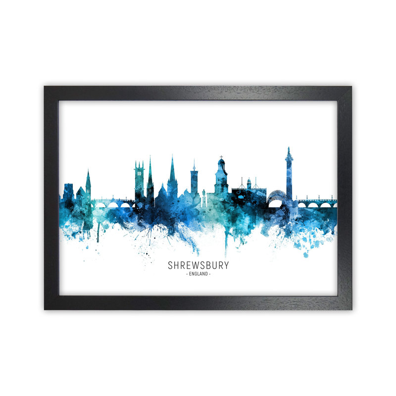 Shrewsbury England Skyline Blue City Name by Michael Tompsett - Print, Black Framed, 34cm H x 46cm W x 3cm D