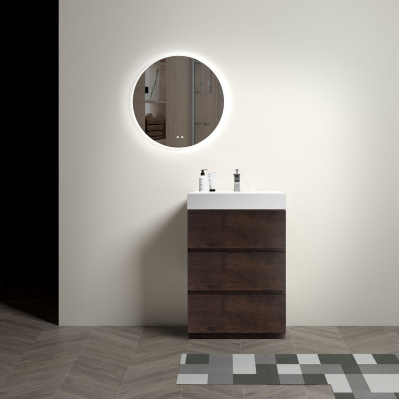 Meuble-lavabo mural simple 24 po avec plateau en mélamine Ciaris, Noyer