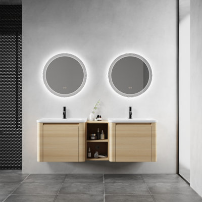  Ensemble de meuble-lavabo double 60 po avec lavabos en céramique blancs et tablettes de rangement centrales ouvertes 60 po