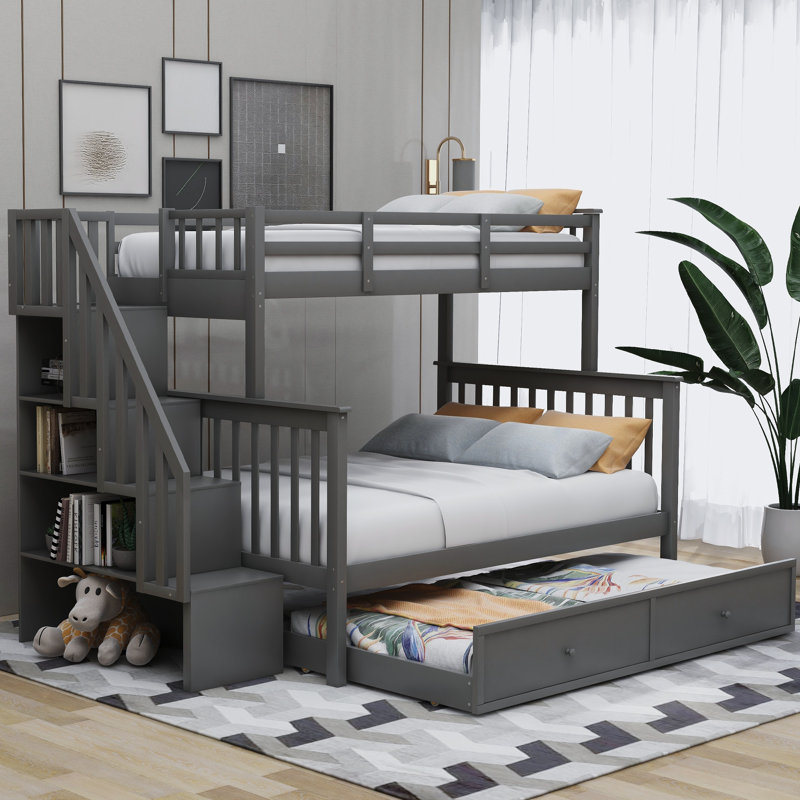 Twin Over Full Bunk Bed with Trundle, Storage Drawers & Guard Rail, Staircase Wood Frame for Bedroom or Dorm, Gris