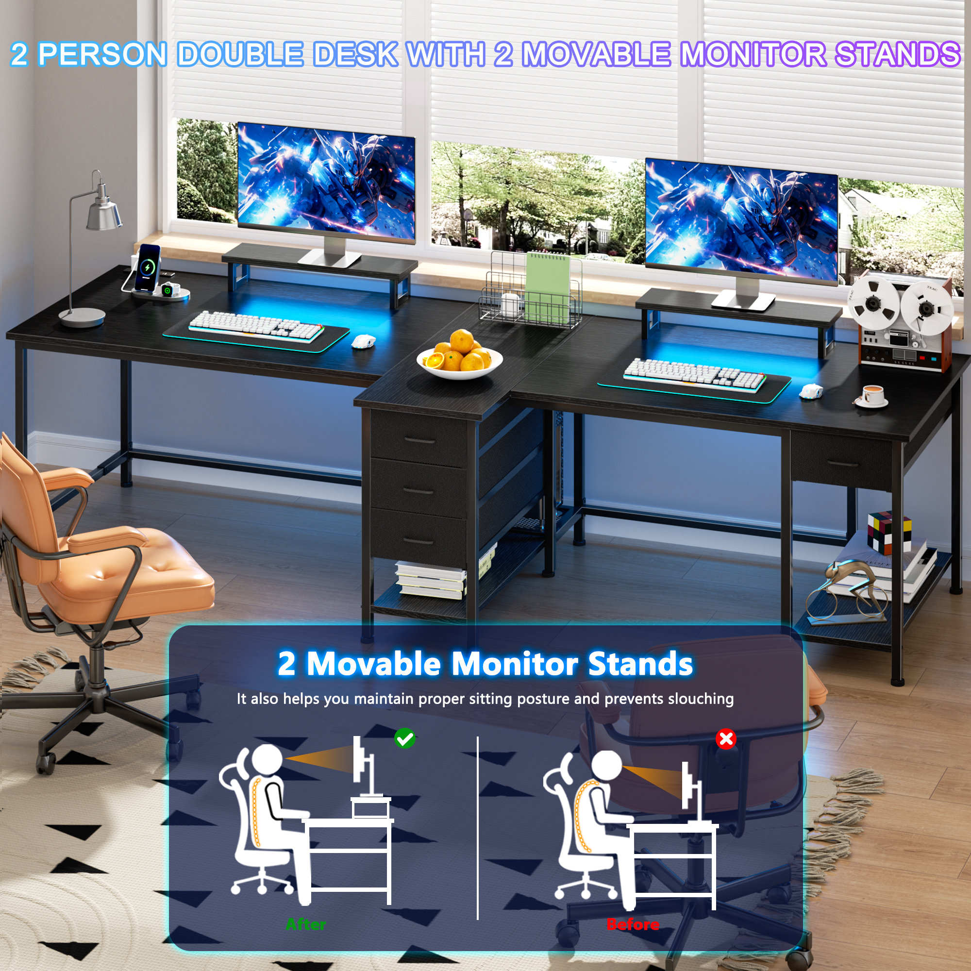 Wrought Studio 93 inch 2-person Office Desk with Power Sockets and LED ...