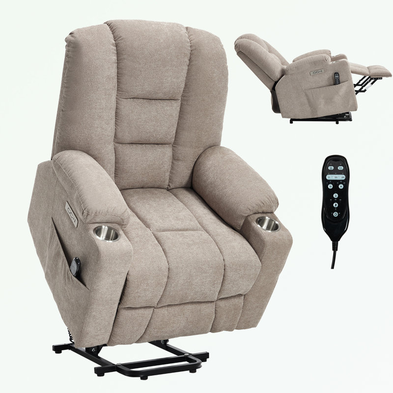 Power Lift Recliner Chair with Massage&Heat, USB and Type C Ports and 2 Steel Cup Holders, Light Gray