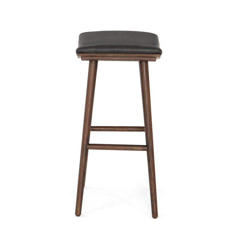 Union Wallis Belfast Solid Wood Stool, Bar Stool (30" Seat Height), Faux Leather - Distressed Black/Warm Parawood