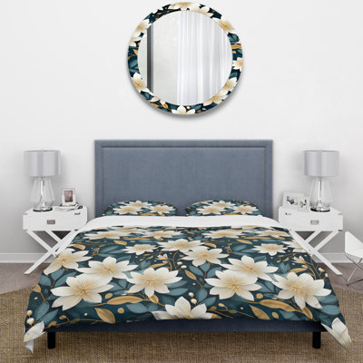 White Zen Floral Lotus Tranquility II - Ensemble de housse de couette à motif floral
