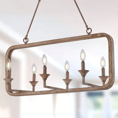4-Light Farmhouse Wood Rectangle Frame Pendant Light, Rustic Chandelier Hanging Light Fixtures For Kitchen Entryway