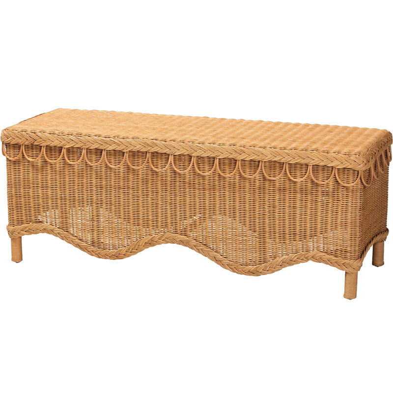 Banquette festonnée et bordure tressée de style bohémien fabriquée en bois d'ingénierie naturel, siège rectangulaire large, entièrement assemblé, couleur miel, largeur 46,65 po, profondeur 15,76 po, hauteur 17,36 po, 19,81 po