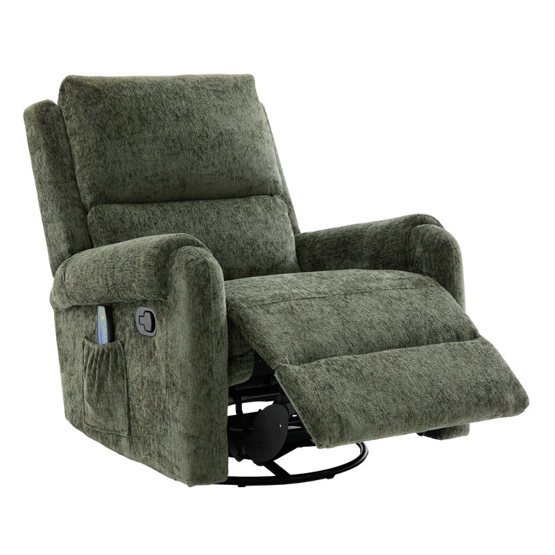 Green Chenille Massage Recliner Chair - Swivel Rocker Recliner with 8 Massage Modes, 270° Rotation and Side Storage Pocket - Nursery Recliner for Living Room, Bedroom & Nursery