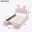 Lit plateforme tapissier pleine grandeur rose avec tête de lit à oreilles, lumières DEL, tabourets de rangement, aucun sommier nécessaire
