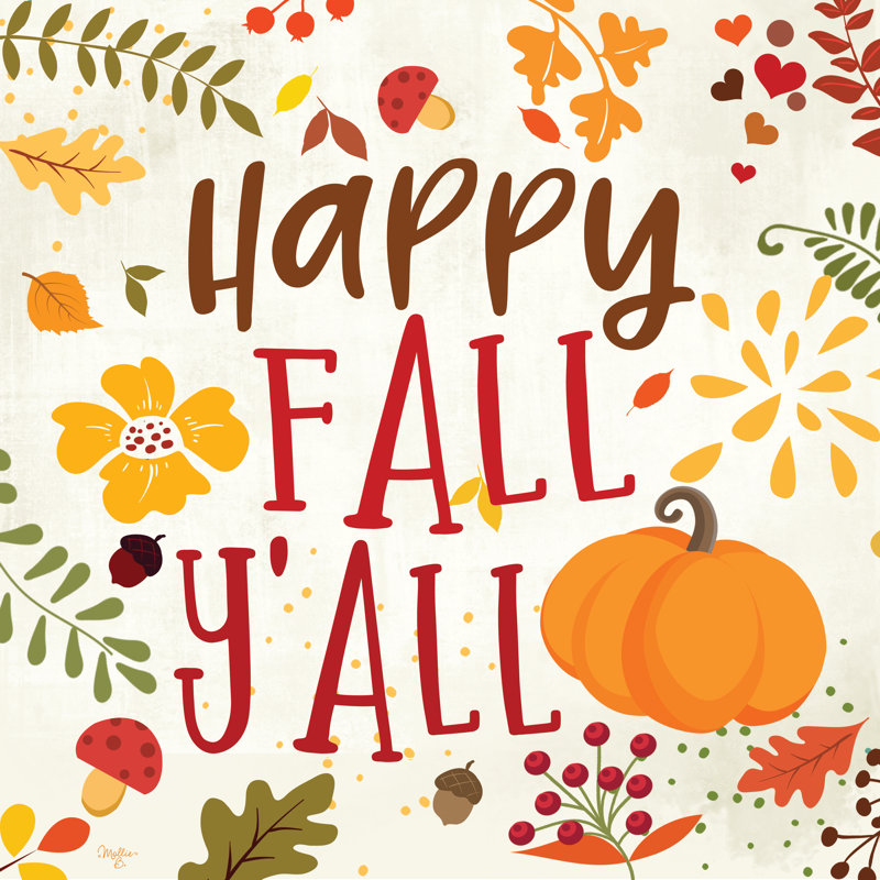 «Happy Fall Y'all» par Mollie B. - Art textuel, H 20 po x l 20 po, Papier avec cadre simple noir, Yes