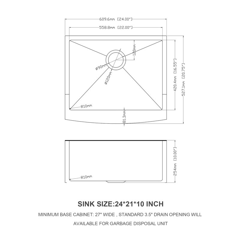 24X21x10 Inch 16 Gauge Stainless Steel Kitchen Sink With Apron Front, T304 Grade, Easy Drainage X - Shaped Water Guide, R10 Corner Design, Condensation Coating, Noise Reduction Pad, Including Dish