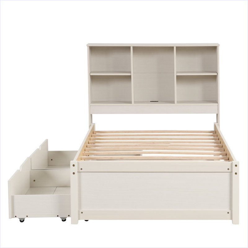 Modern Twin Size Bed Frame With Built-In USB Port On Bookcase Headboard And 2 Drawers, White Washed