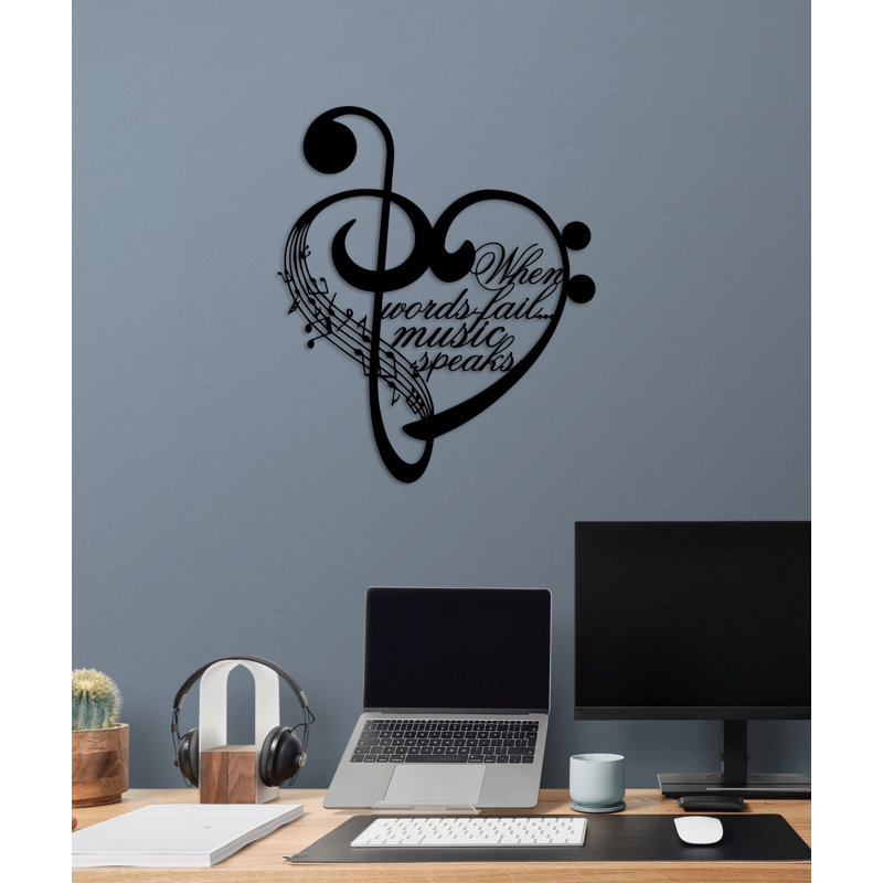 Metal Notes and Heart Wall Art, When words fail music speaks, Metal Wall Decor for Musician Gift, 38" H x 32" W x 0.5" D