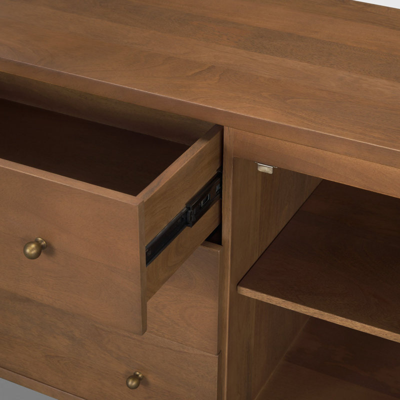 Buffet 2 portes 3 tiroirs en bois moyen avec laiton vieilli foncé, Brun