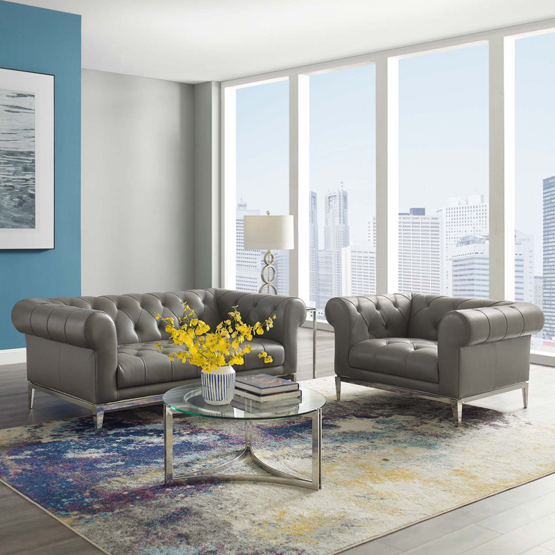 Idyll Tufted Upholstered Leather 3 Piece Set, Gray Leather Match