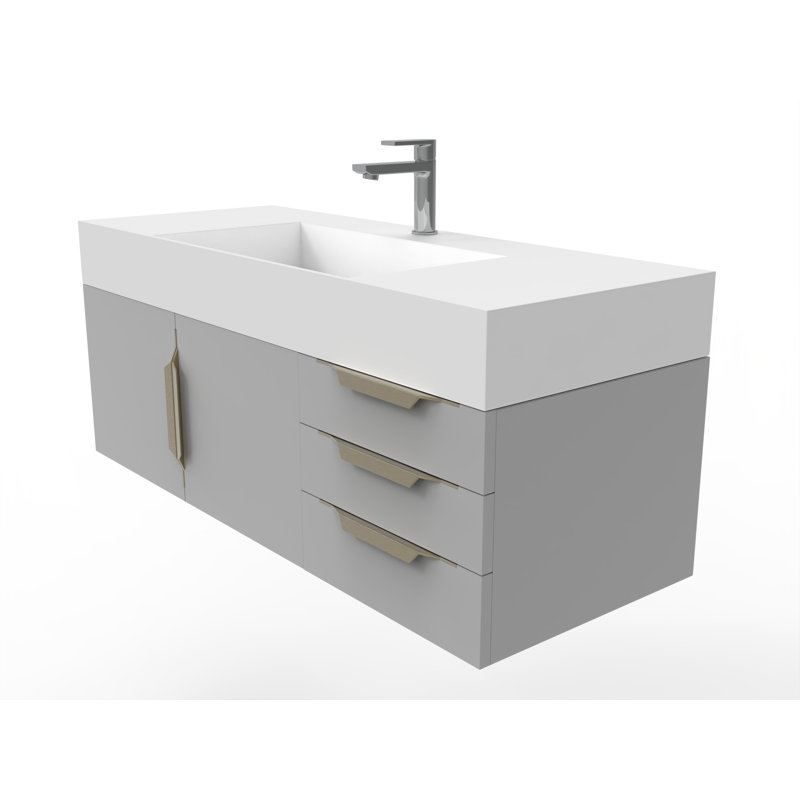Meuble-lavabo mural simple 48 po avec comptoir à surface solide 48 po, Blanc, Gris, Doré