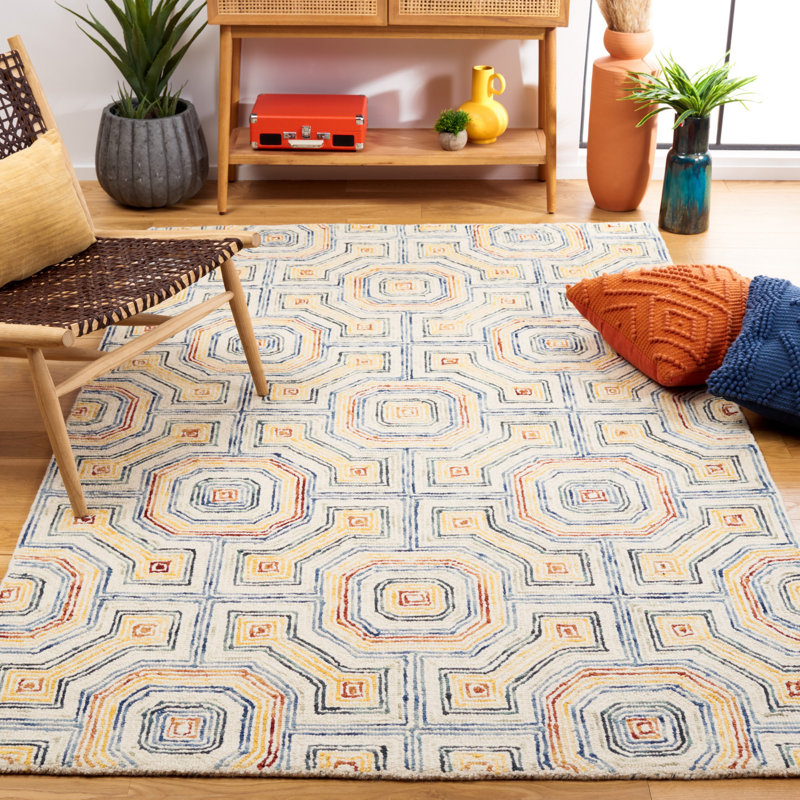 Tapis ivoire / bleu en laine touffeté à la main Deyoung, Rectangle 4 pi x 6 pi