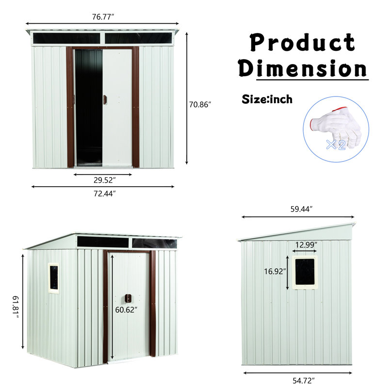 6Ft X 5Ft Outdoor Metal Shed - White, Galvanized Iron Frame With Foundation, Steel Panels, Sliding Doors Lock, Transparent Panel For Increased Brightness, Easy Assembly Directions White Robust