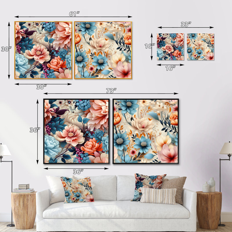 Tavon - Ensemble de 2 collages carrés floraux, Cadre flottant blanc, H 36 po x l 73 po