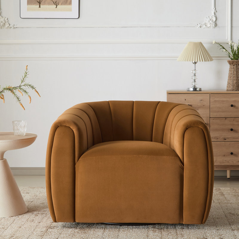 Fauteuil demi-tonneau pivotant rembourré Maravilla, Velours jaune foncé