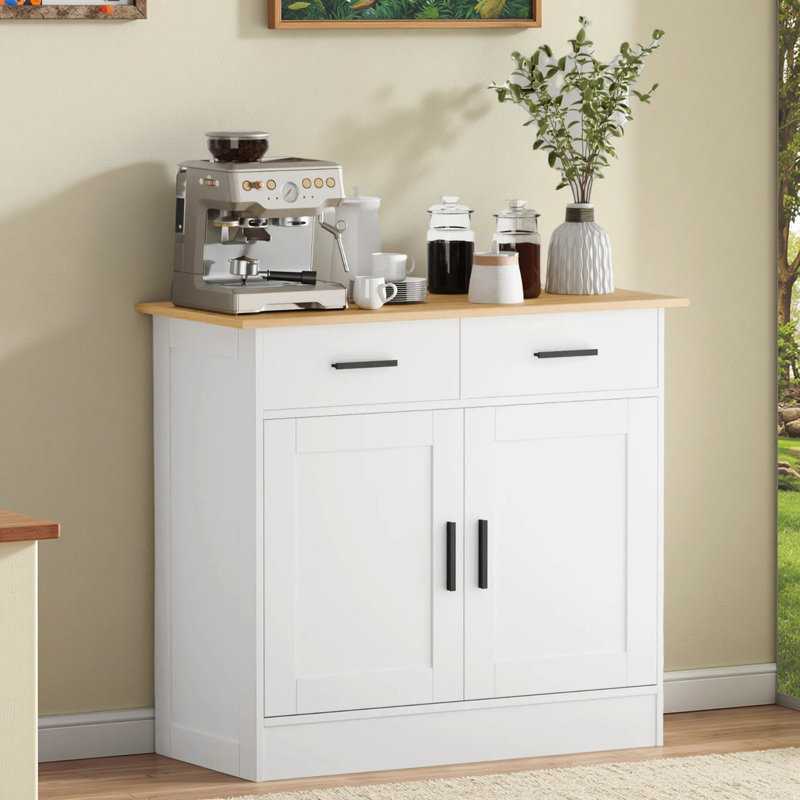 35" H Accent Cabinet, Coffee Bar Cabinet with 2 Drawers and Adjustable Shelf, White