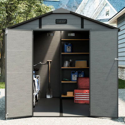 Remise à outils extérieure en plastique 8 pi x 10 pi, gris foncé, verrouillable avec bouches d'aération et éclairage naturel, idéale pour les tondeuses à gazon, meubles de patio, atelier, entrée de remise grise simple à installer, plancher, fenêtre,