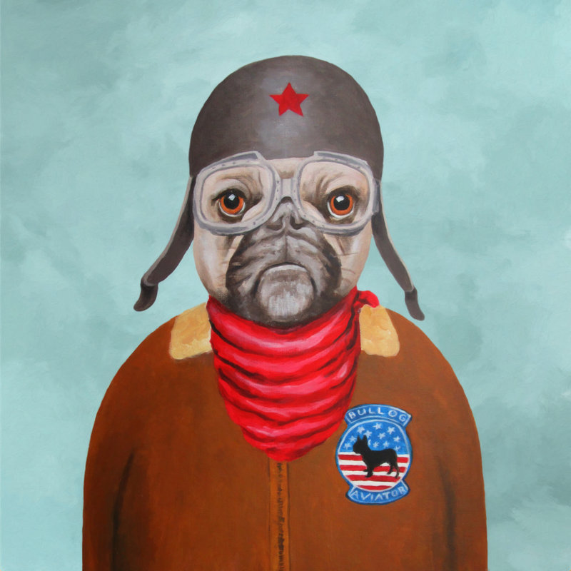 Aviator Bulldog - peinture sur toile tendue, H 30 po x l 30 po, Non, Cadre flottant doré