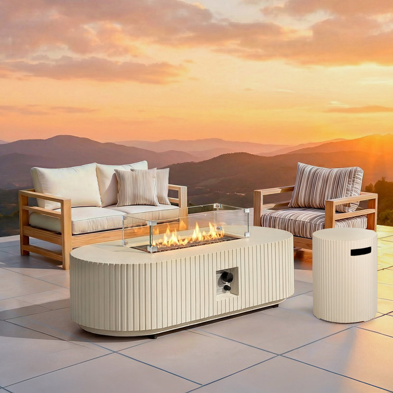 Ensemble de 3 tables de foyer d'extérieur au propane de 60 po avec couvercle de réservoir de 16 po, table basse ovale en béton de 50 000 BTU, pare-vent en verre, housse de pluie pour patio, cour et terrasse