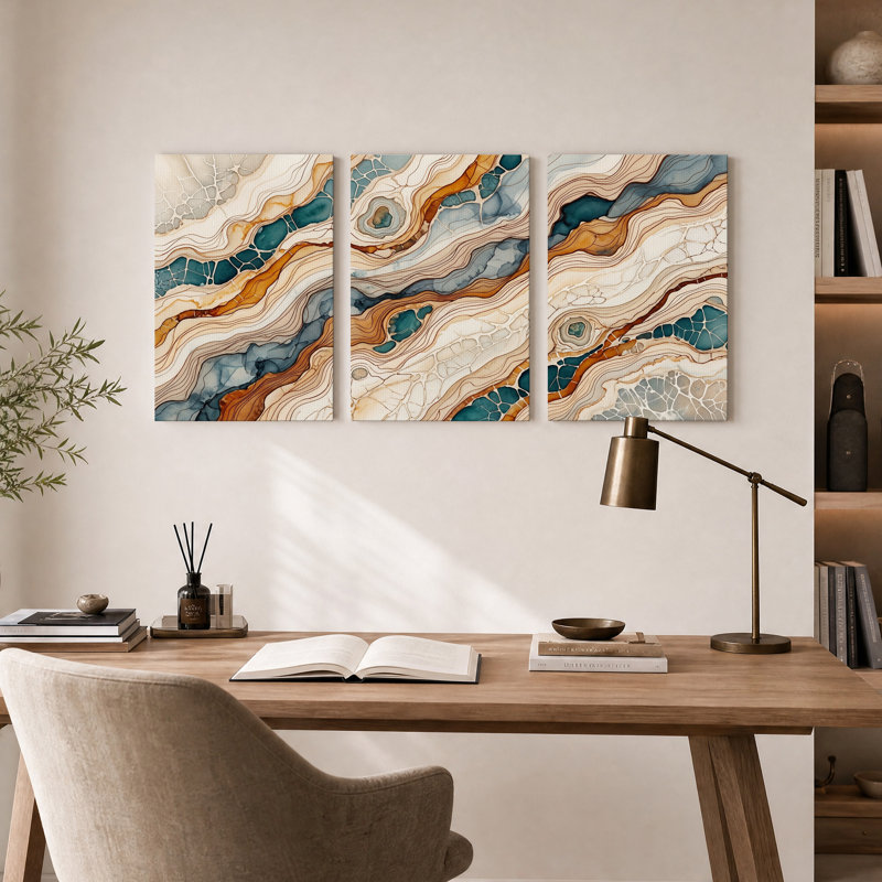 Ensemble de 3 toiles murales représentant des strates géologiques abstraites dans les tons turquoise et marron