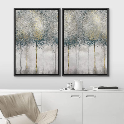 Pastel Teal Gold Forest Tree - 2 Piece Print on Canvas