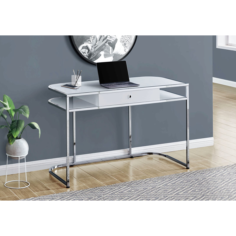 Bureau d'ordinateur, bureau personnel, ordinateur portable, tiroirs de rangement, L 48 po, bureau, stratifié blanc, métal chromé, contemporain, moderne