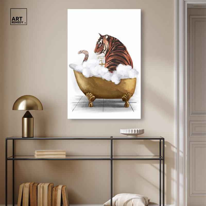«Bathtime Tiger», reproduction d'art à la mode sur toile par Art Remedy, H 36 po x l 24 po