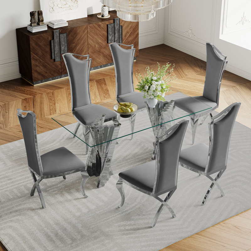 Dining Set, Silver, Gray/Silver, 7 Pieces: Table, 6 Chairs