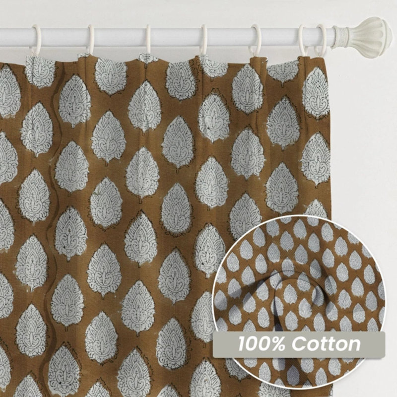 Fabdivine Brown Elegant Floral Block Print Hook Curtains 27x29 Inches, Soft Thick Cotton White Pleated Pinch Drapes for Home, Office, Window, Stylish Room Darkening, Betal Leaf