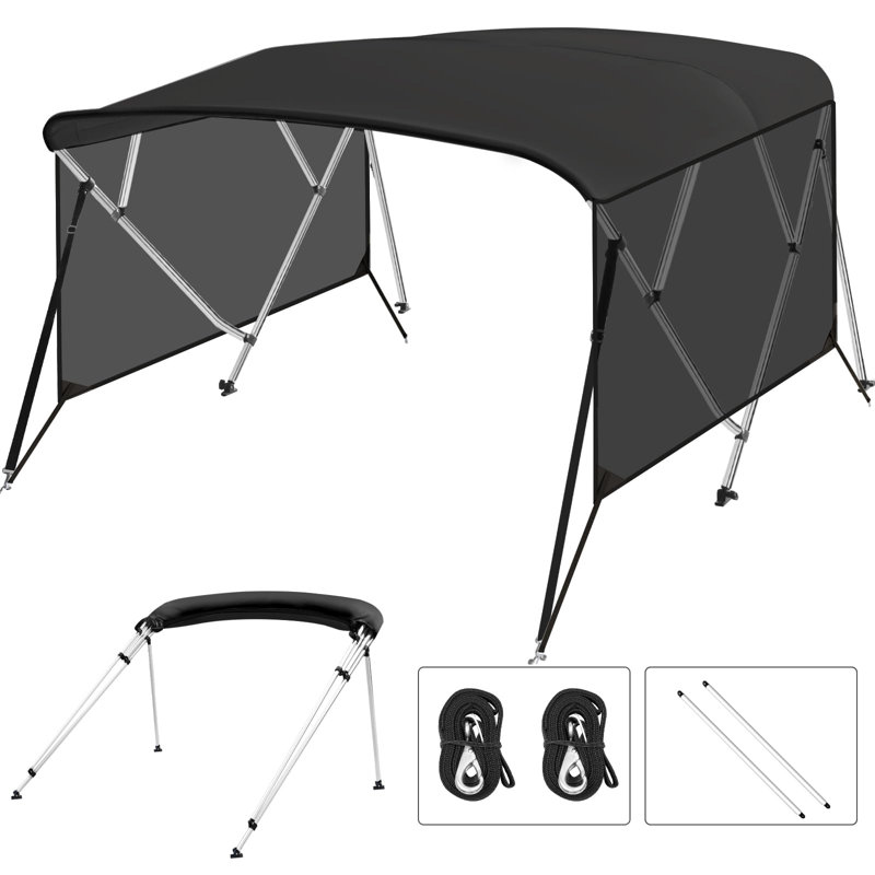 4 Bow Bimini Top with Light-Filtering Side Curtains, Watercraft 600D PU Canvas & 1" Aluminum Frame, 2 Straps, 2 Stable Rear Support Pole