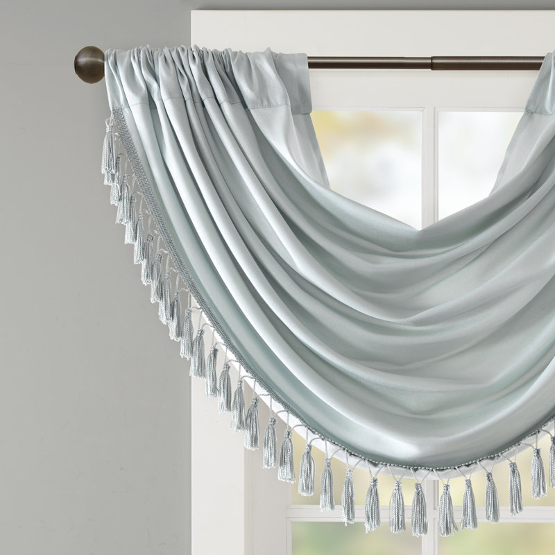 Elena Faux Silk Waterfall Embellished 38'' W Single Window Valance, Dusty Aqua