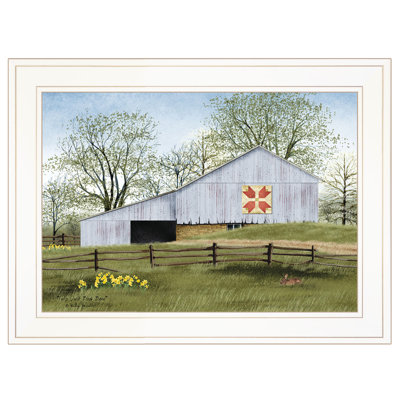 «Tulip Quilt Block Barn» par Billy Jacobs, reproduction encadrée prête à accrocher, cadre blanc
