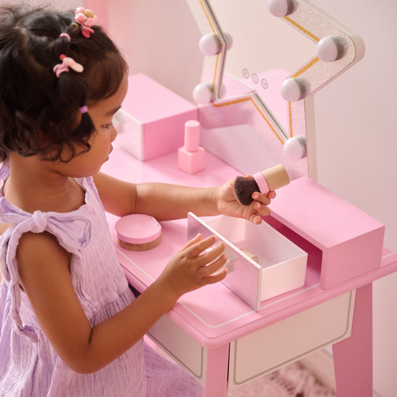 Teamson Kids Little Princess Star 2-pc. Wooden Vanity Table & Stool with LED Mirror, Storage Drawer & Organizer Bins